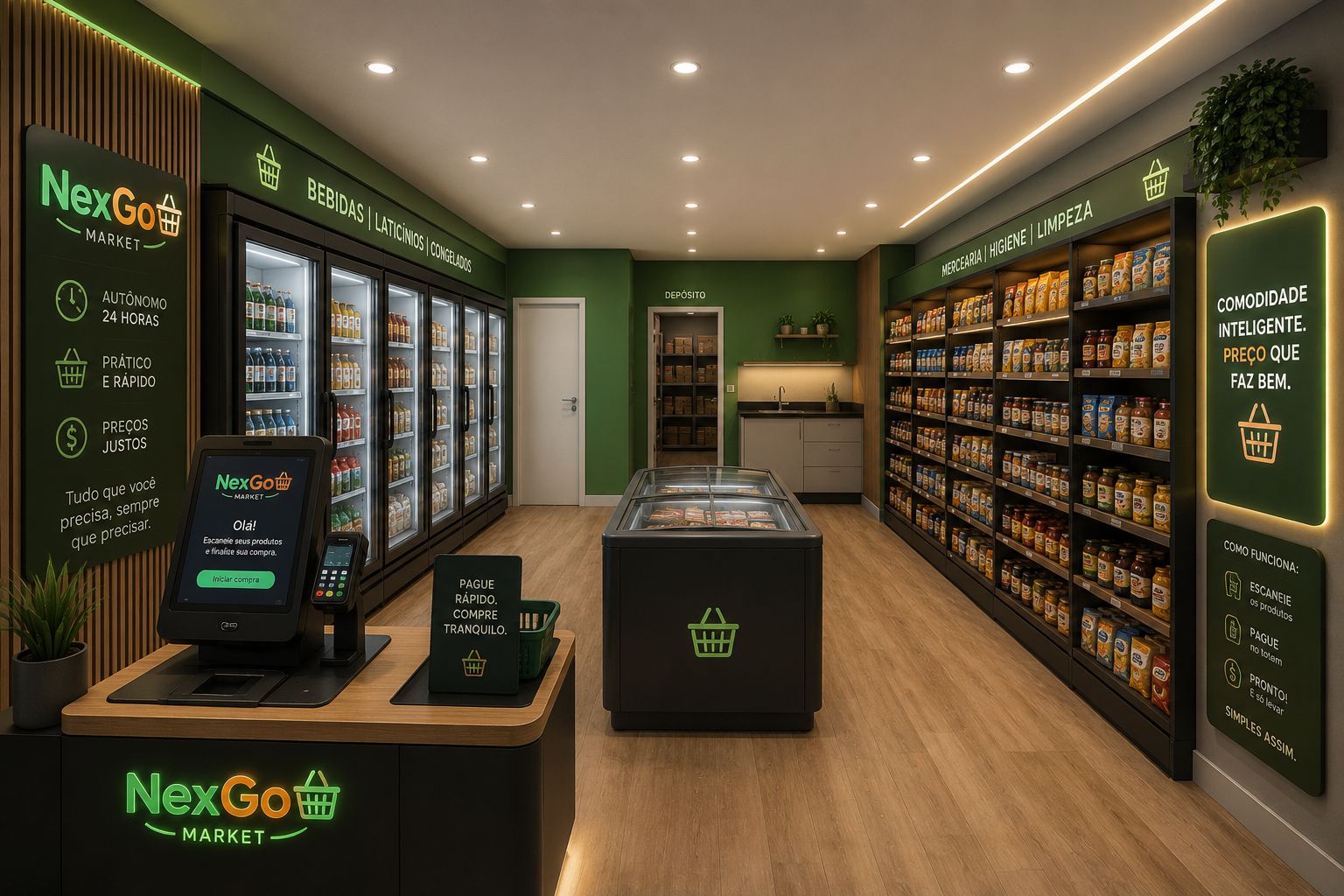 Interior da loja NexGo Market com totem de autoatendimento, prateleiras abastecidas e geladeiras